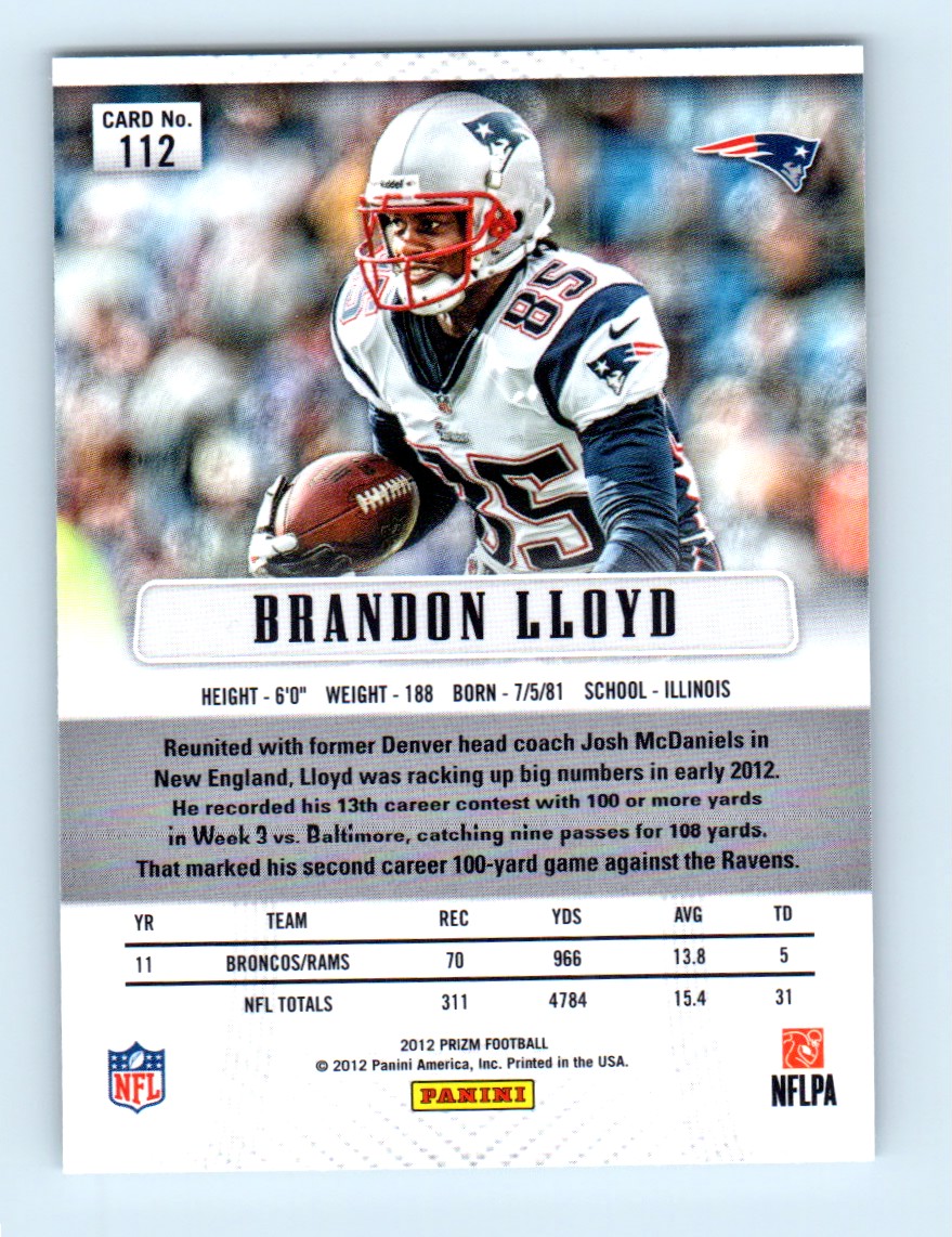 2012 Panini Prizm ! Brandon Lloyd #112 card back image