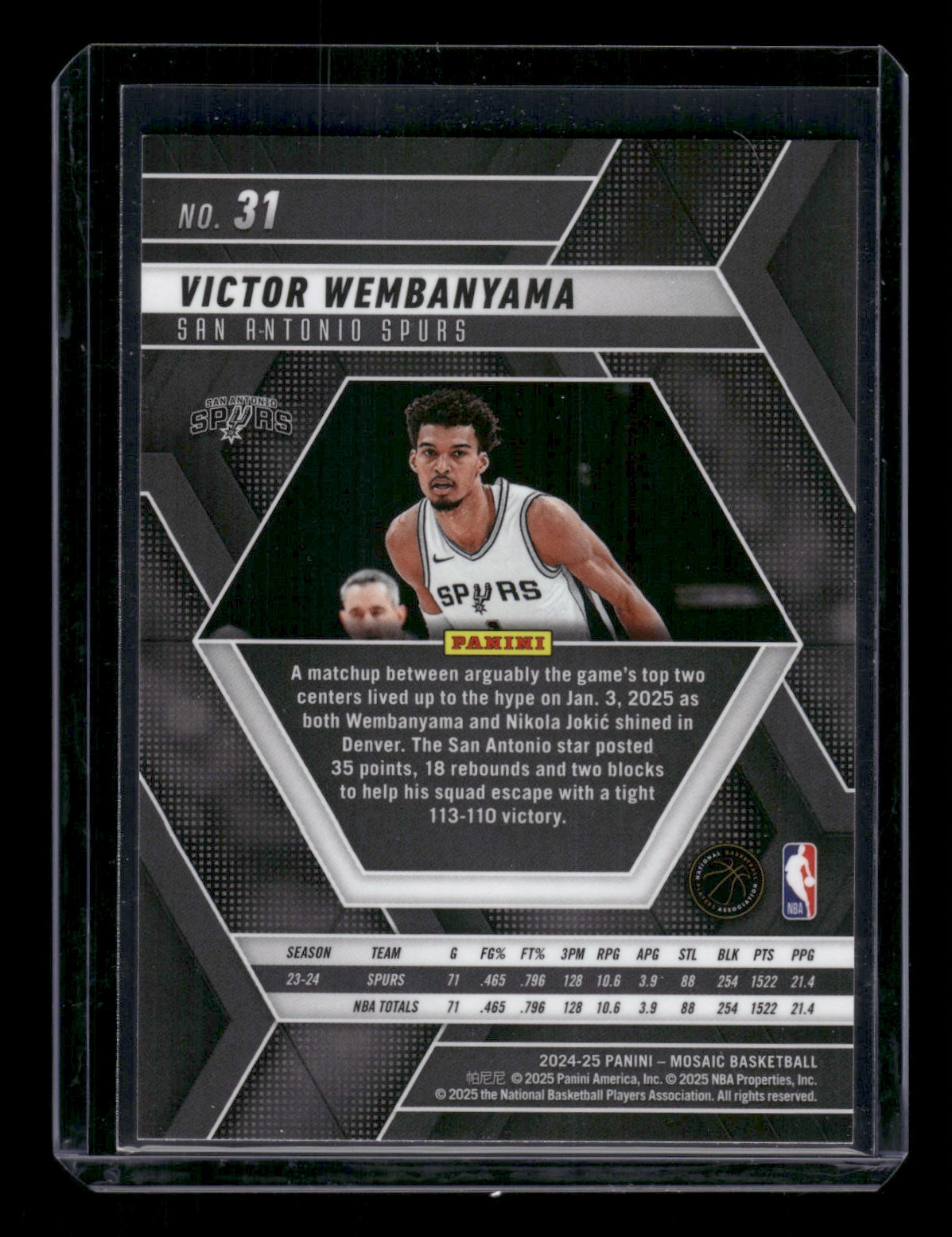 2024-25 Panini Mosaic Victor Wembanyama #31 card back image