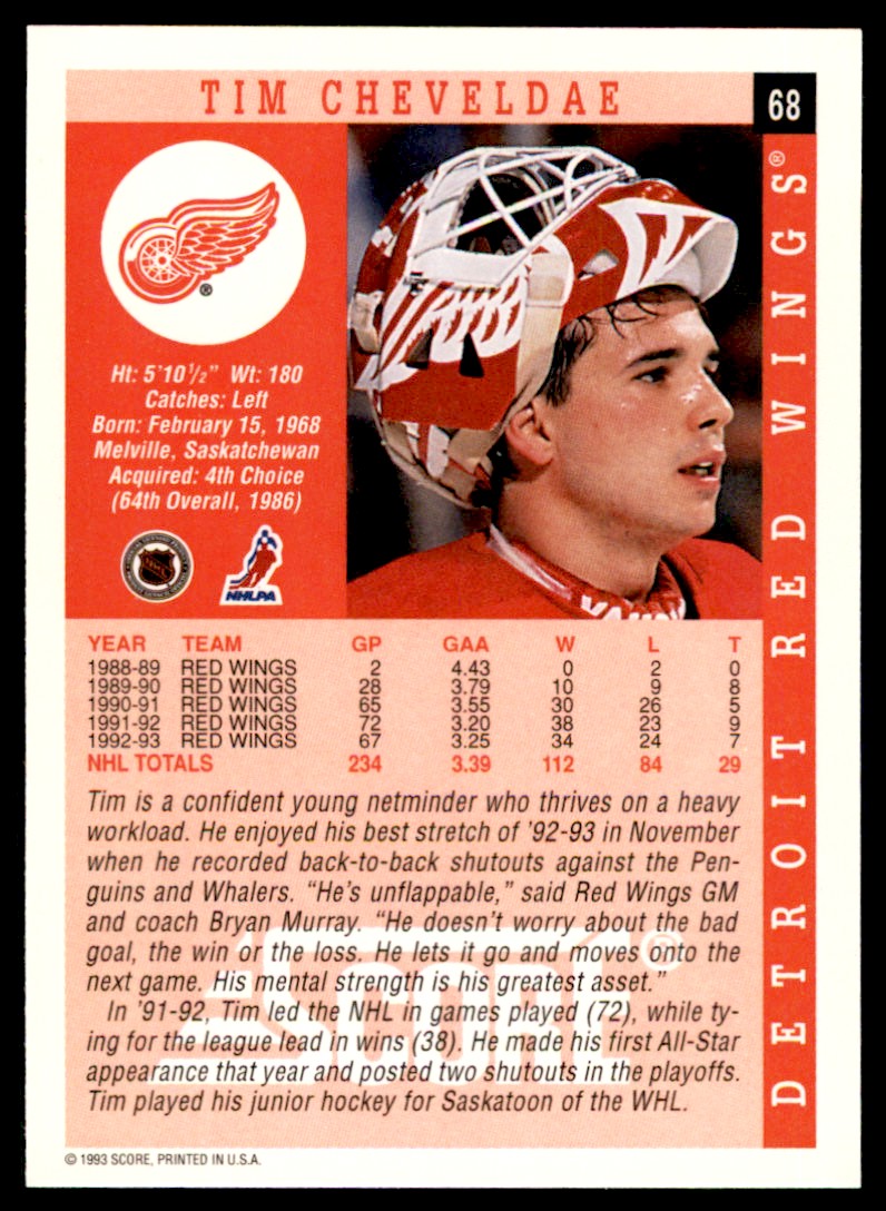 1993-94 Score Tim Cheveldae Detroit Red Wings #68 | eBay