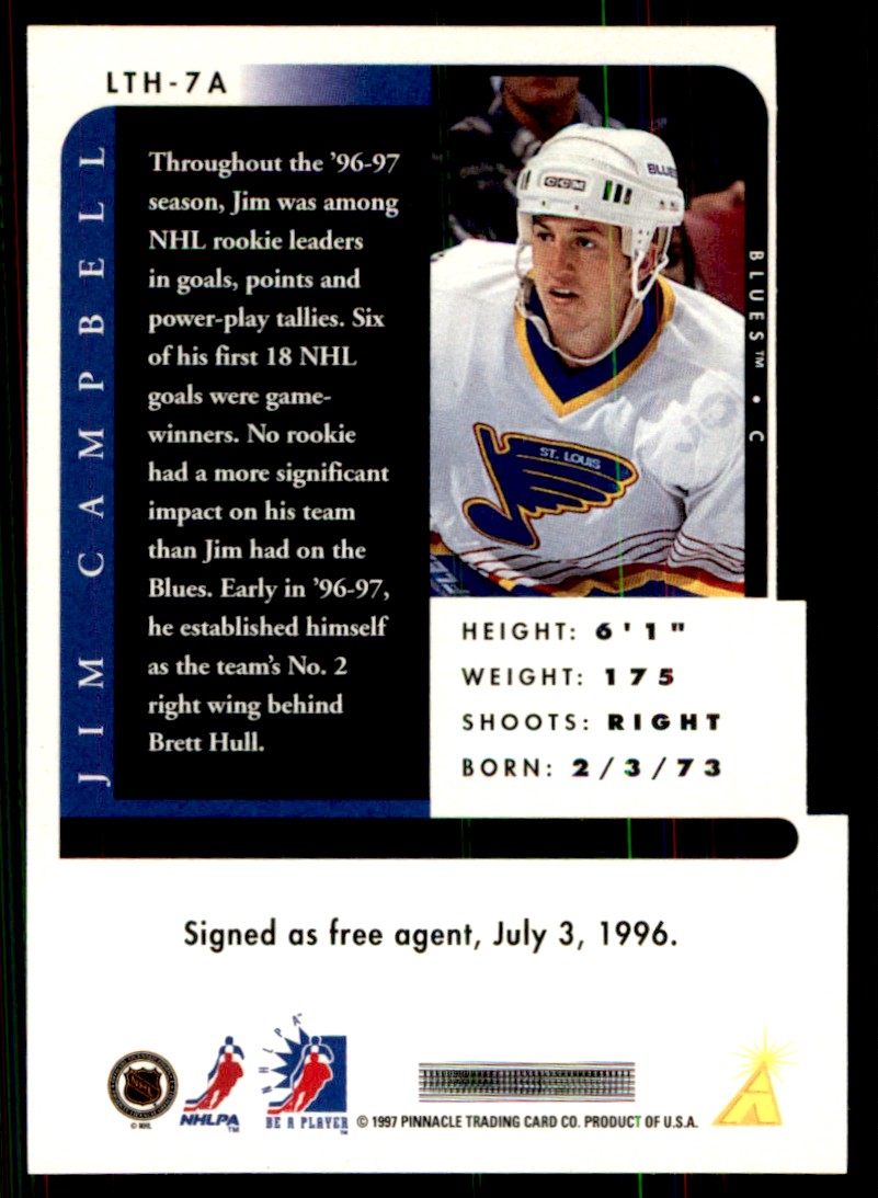 1996-97 Pinnacle Be a Player Link 2 History Autographs Jim Campbell #LTH-7A card back image