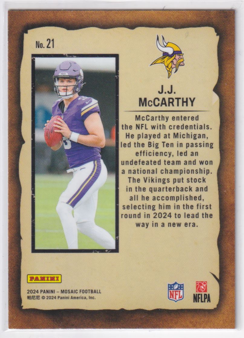 2024 Panini Mosaic Notoriety J.J. McCarthy #21 card back image