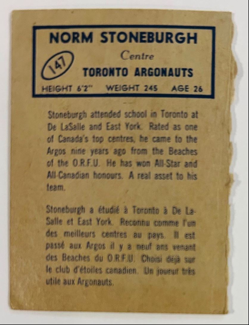 1962 Topps CFL Football Norm Stoneburgh #147 card back image