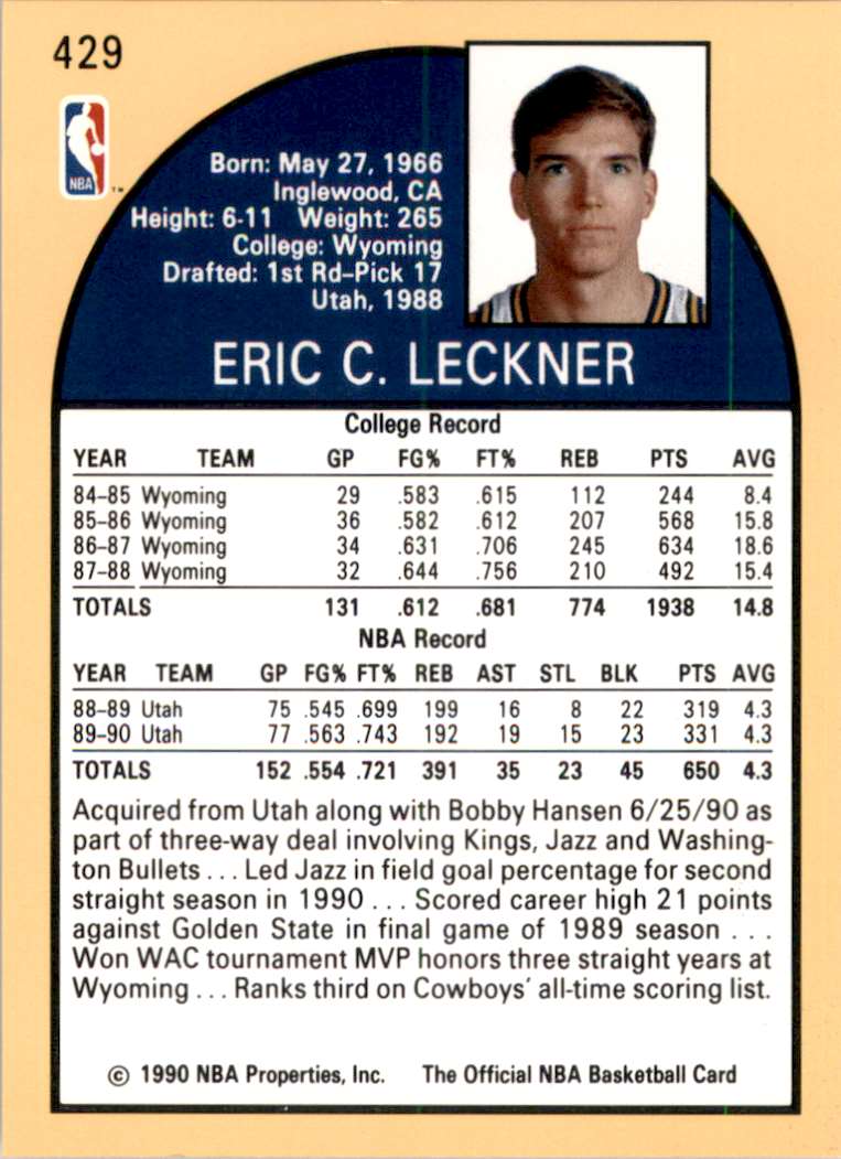 1990-91 Hoops Eric Leckner #429 card back image