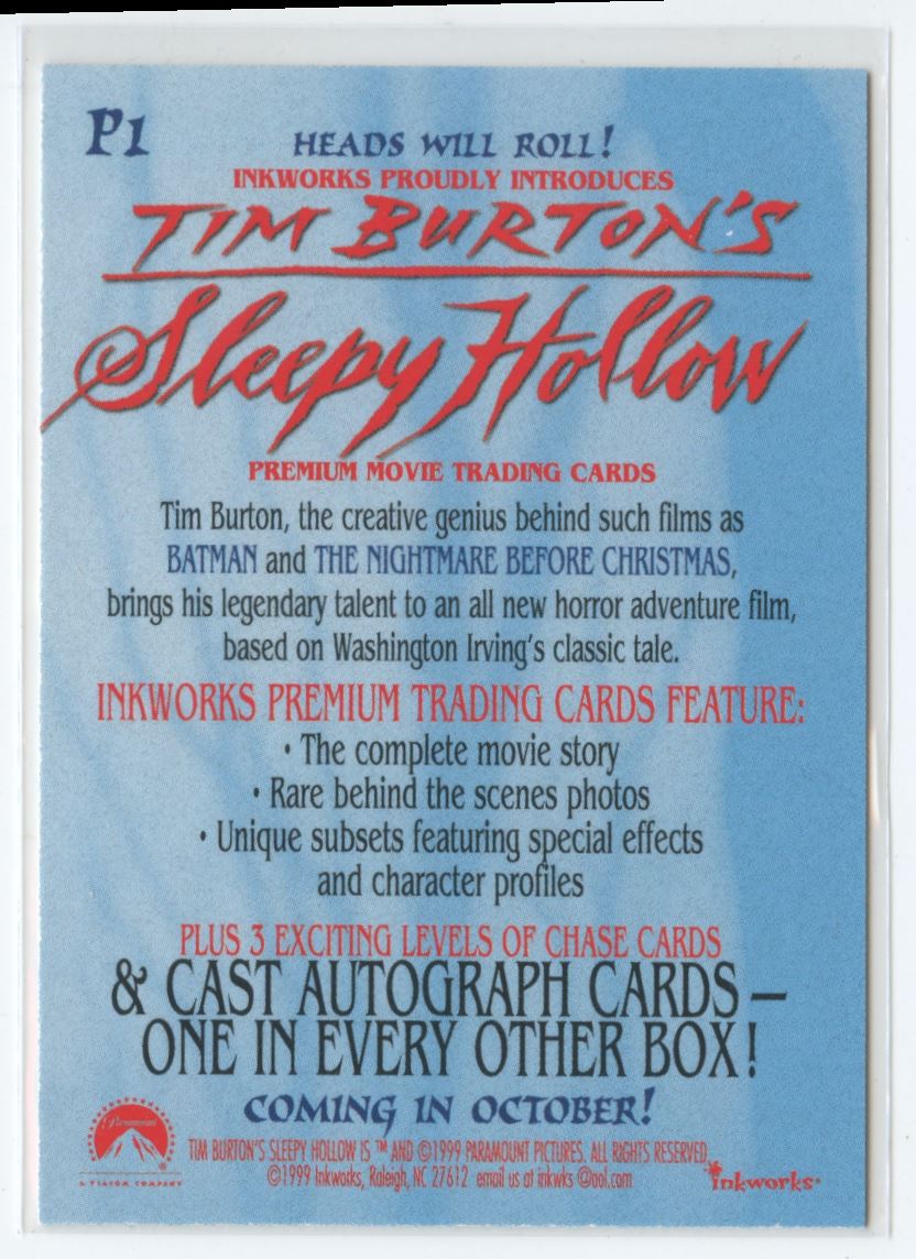 1999 Inkworks: Tim Burton's Sleepy Hollow Insert Sleepy Hollow Promo #P1 card back image