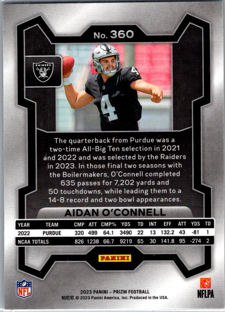 2023 Panini Prizm Rookie Aidan O'Connell #360 card back image