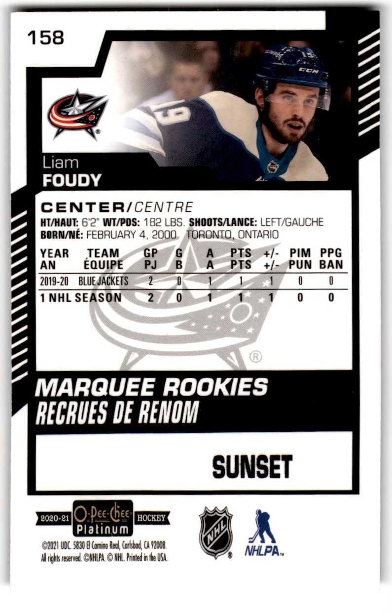 2020-21 O-Pee-Chee Platinum Sunset Liam Foudy #158 card back image