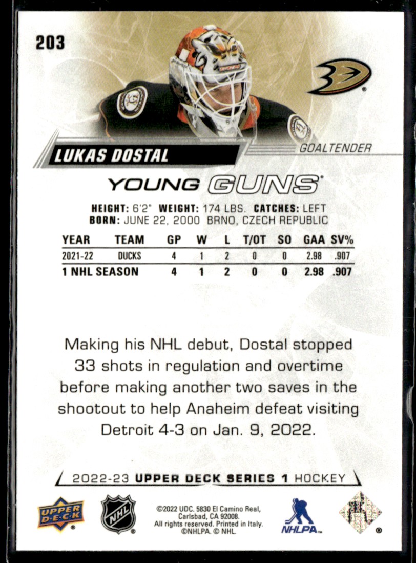 2022-23 Upper Deck Young Guns Lukas Dostal #203 card back image