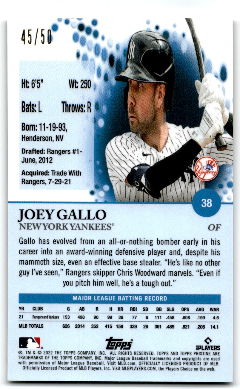 2022 Topps Pristine GOLD Refractor Joey Gallo #38 card back image