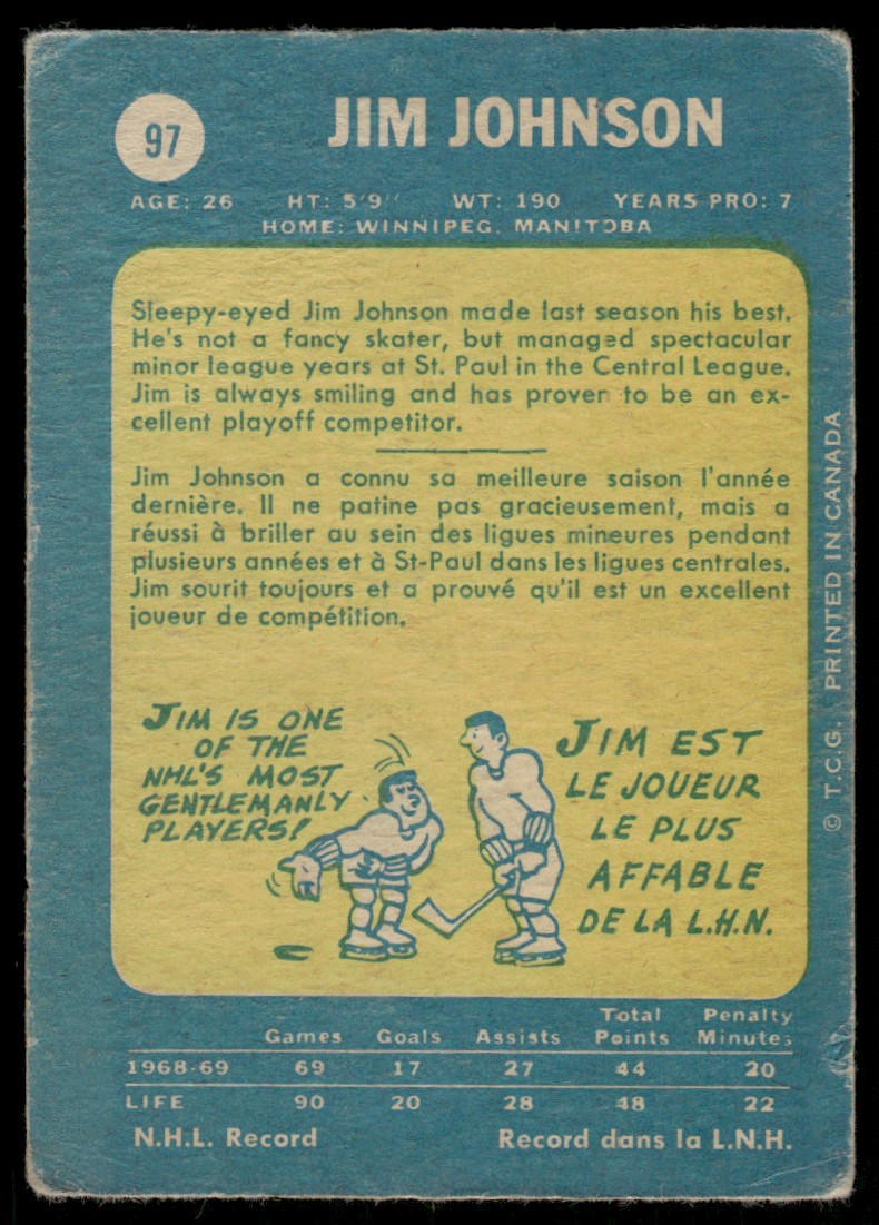 1969-70 O-Pee-Chee Hockey OPC Jim Johnson #97 card back image