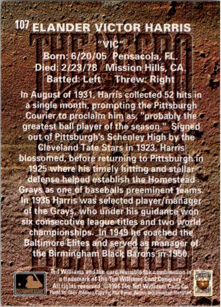 1994 Ted Williams Card Co. - VIC Harris - #107 card back image