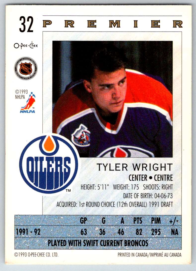 1992-93 O-Pee-Chee Premier Tyler Wright #32 card back image