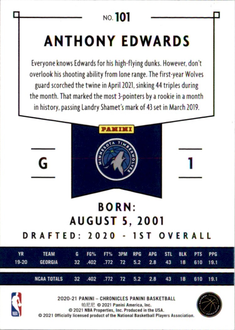 2021-22 Panini Chronicles Anthony Edwards #1 card back image