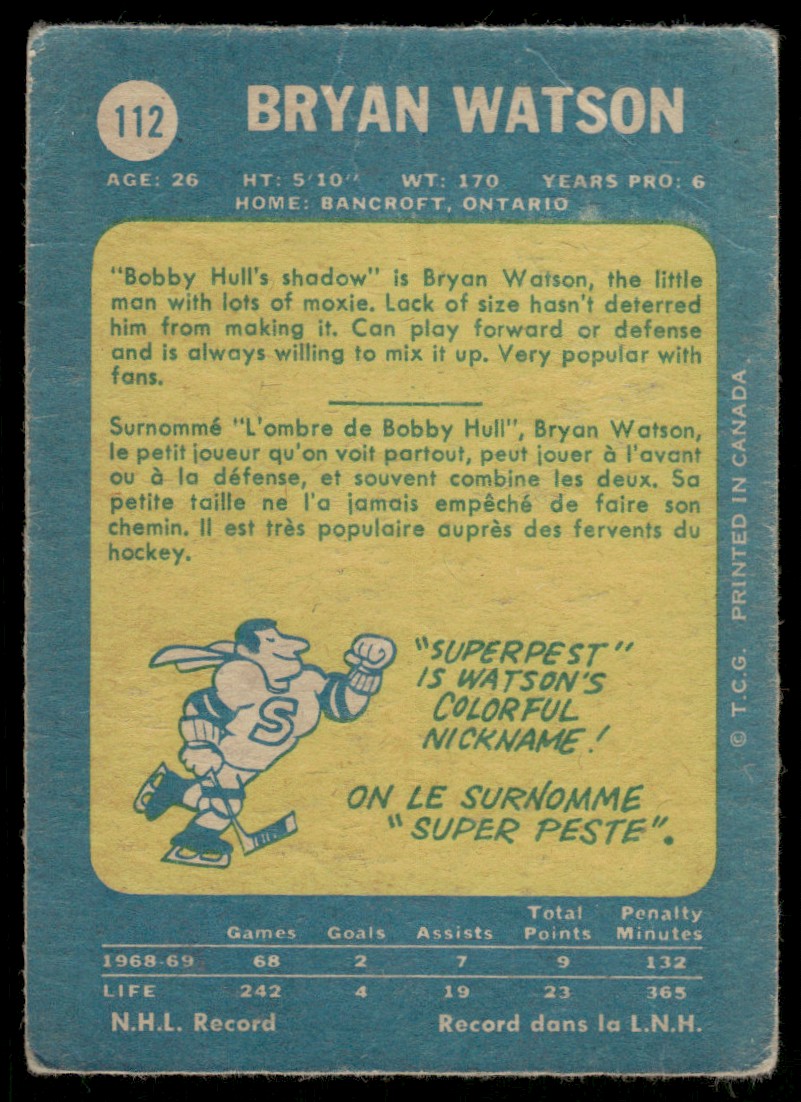 1969-70 O-Pee-Chee Hockey OPC Bryan Watson #112 card back image