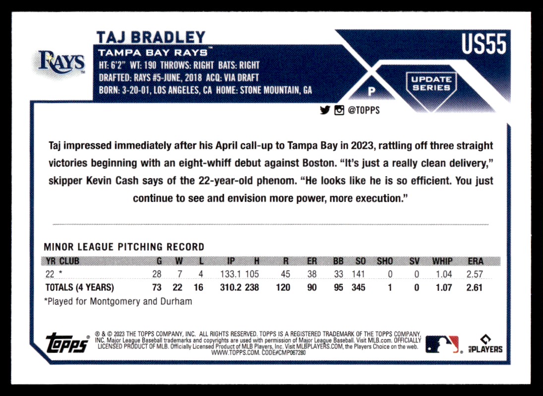 2023 Topps Update Taj Bradley #US55 card back image