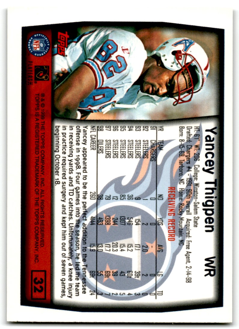 1999 Topps Collection Yancey Thigpen Tennessee Titans #32 | eBay