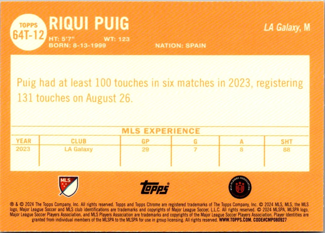 2024 Topps MLS Chrome Riqui Puig #64T-12 card back image
