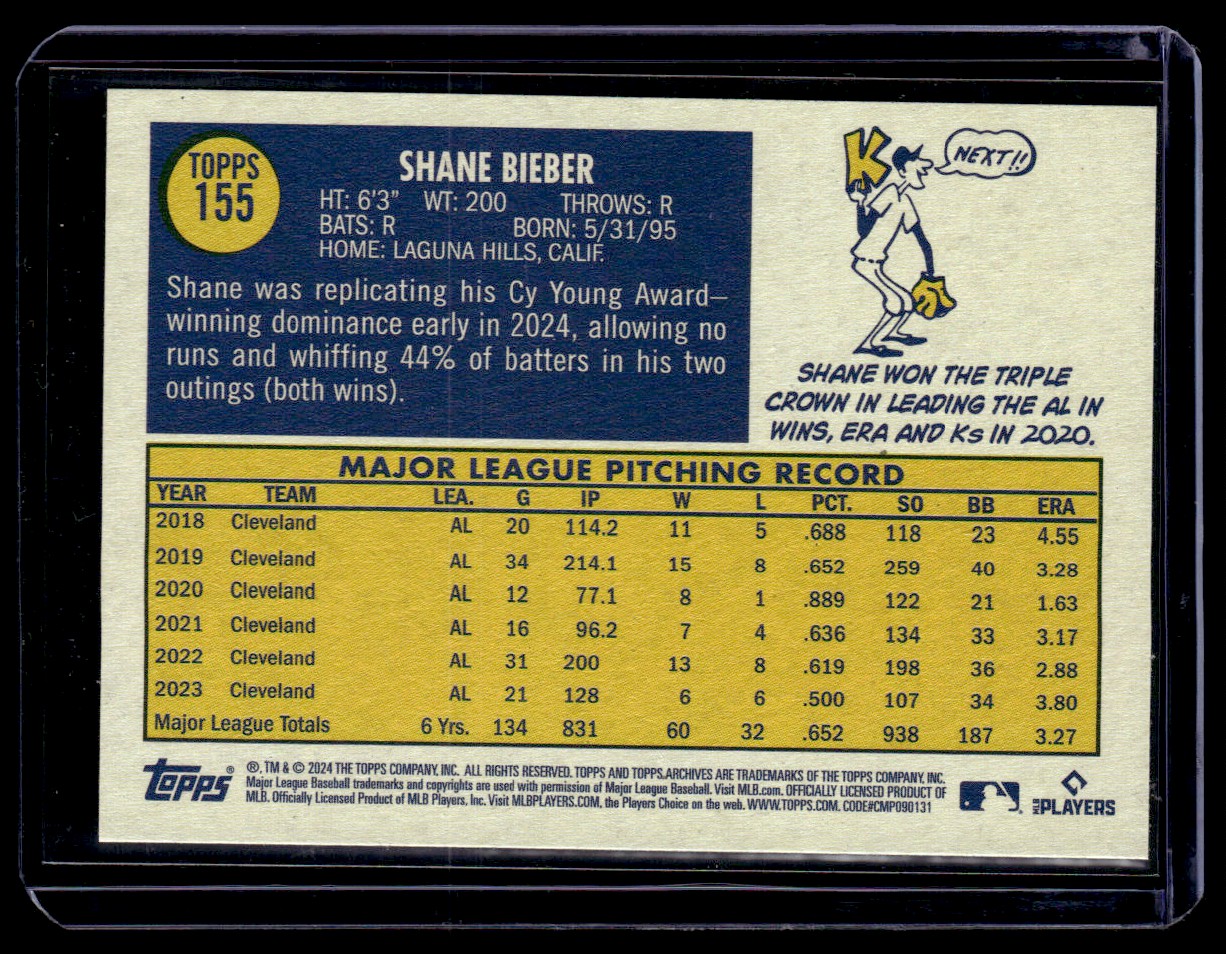 2024 Topps Archives Shane Bieber #155 card back image