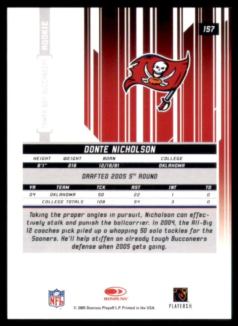 2005 Leaf Rookies and Stars Longevity Black Football Cards Donte Nicholson #157 card back image
