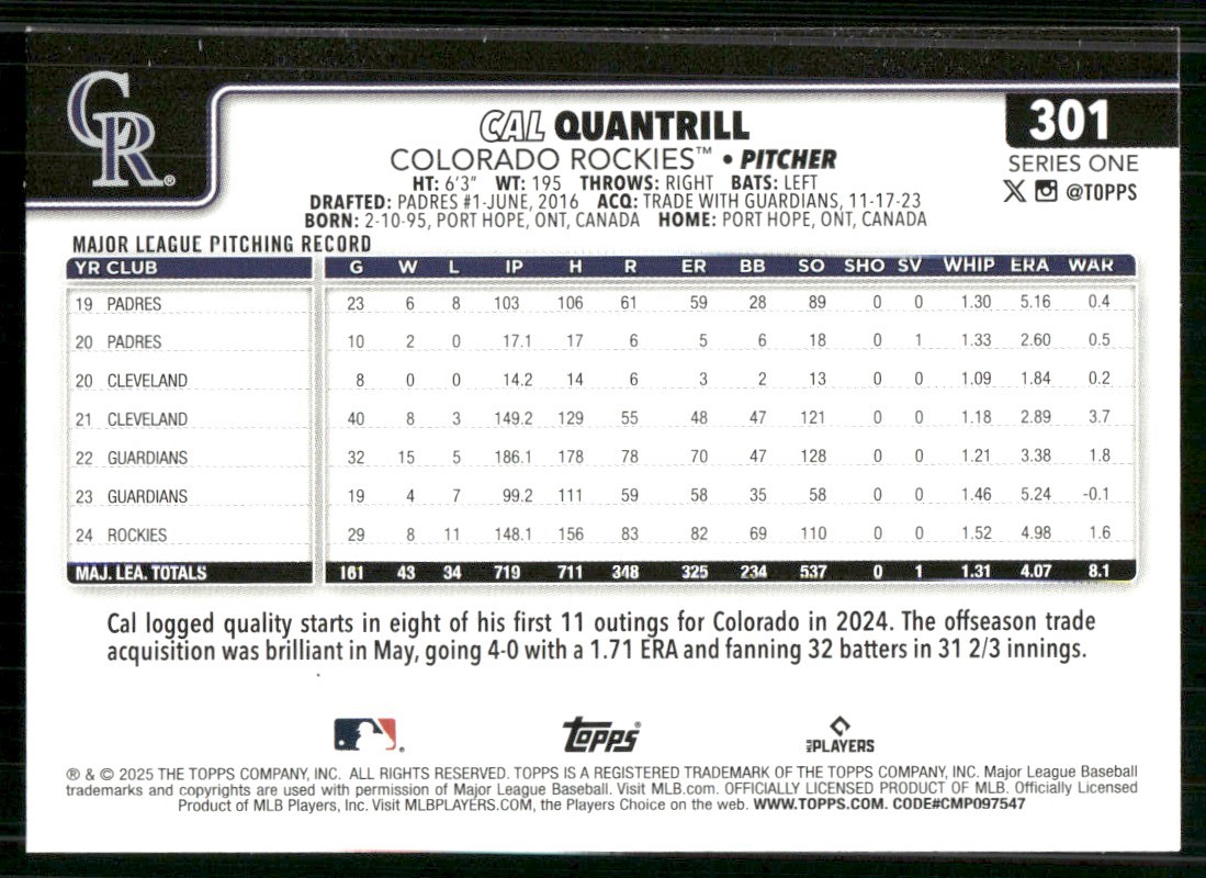 2025 Topps Cal Quantrill #301 card back image