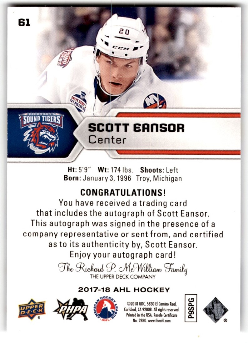 2017-18 Upper Deck AHL Autographs Scott Eansor #61 card back image
