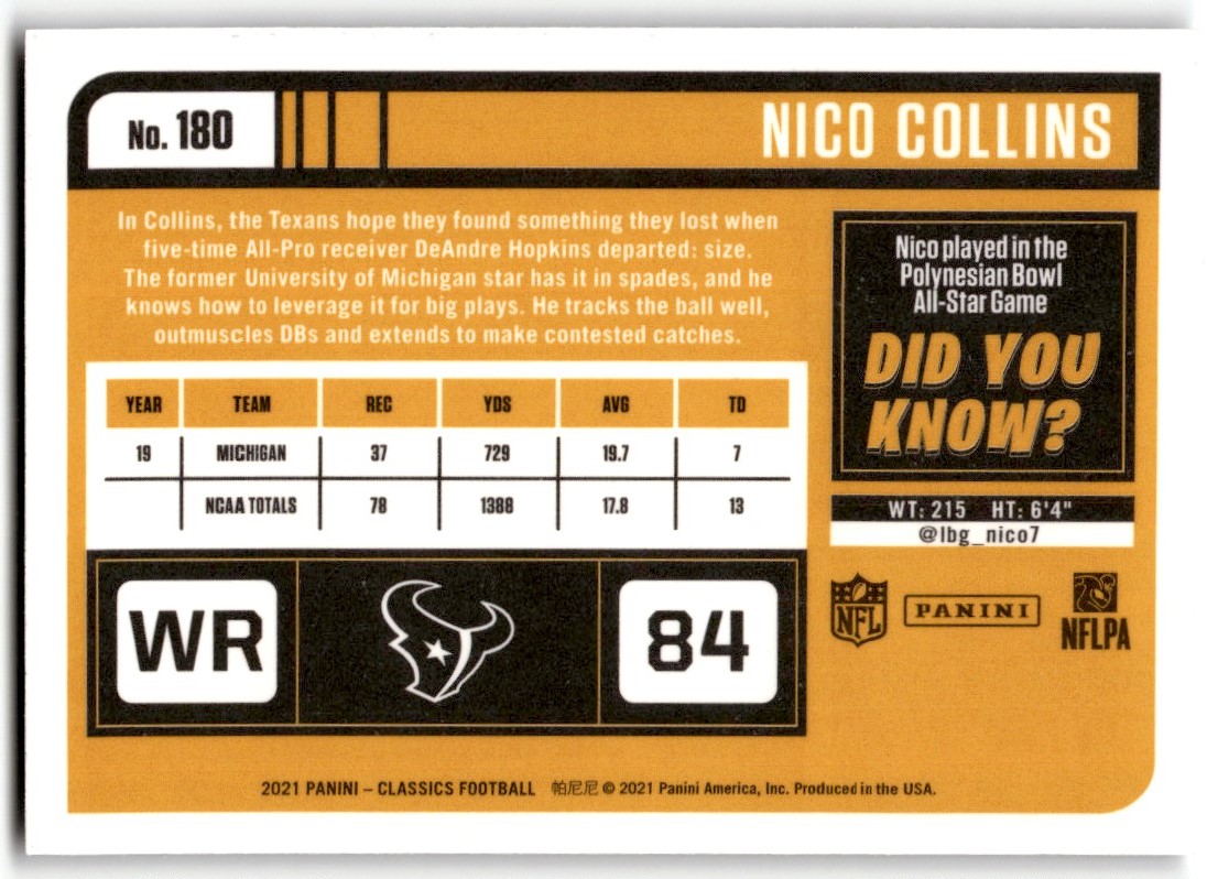 2021 Panini Classics Premium Nico Collins Rookie #84 Houston