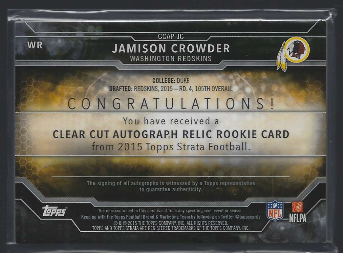 2015 Topps Strata Clear Cut Rookie Relic Autographs Jamison Crowder #CCAPJC card back image