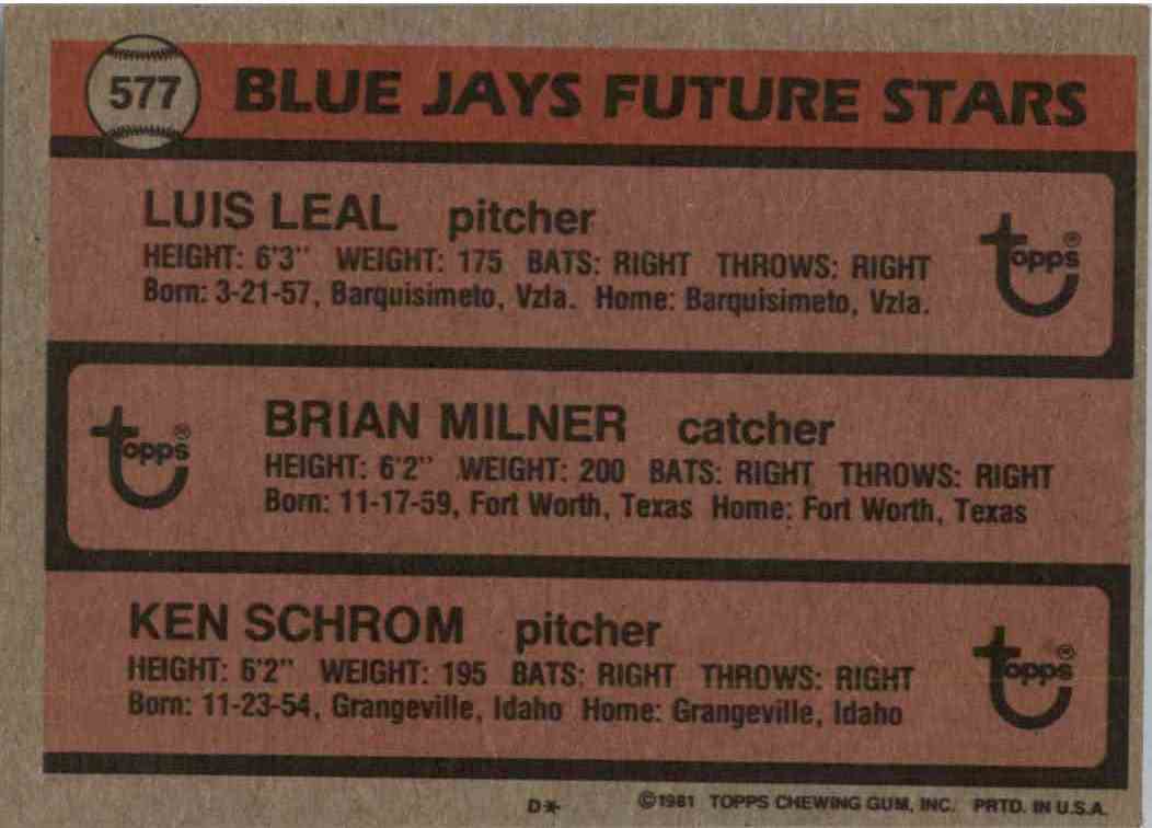 1981 Topps Luis Leal, Brian Milner, Ken Schrom #577 card back image