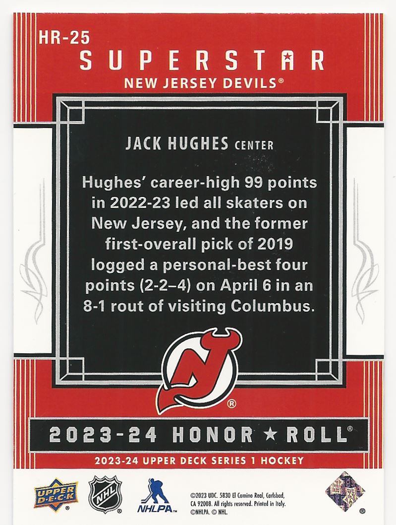 2023-24 Upper Deck Honor Roll Jack Hughes #HR-25 card back image