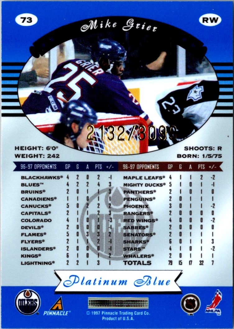 1997-98 Pinnacle Certified Mirror Blue Mike Grier #73 card back image