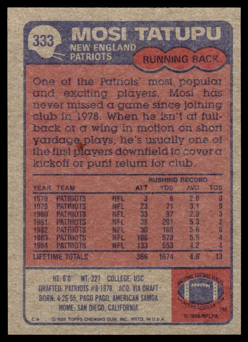 1985 Topps Mosi Tatupu #333 card back image