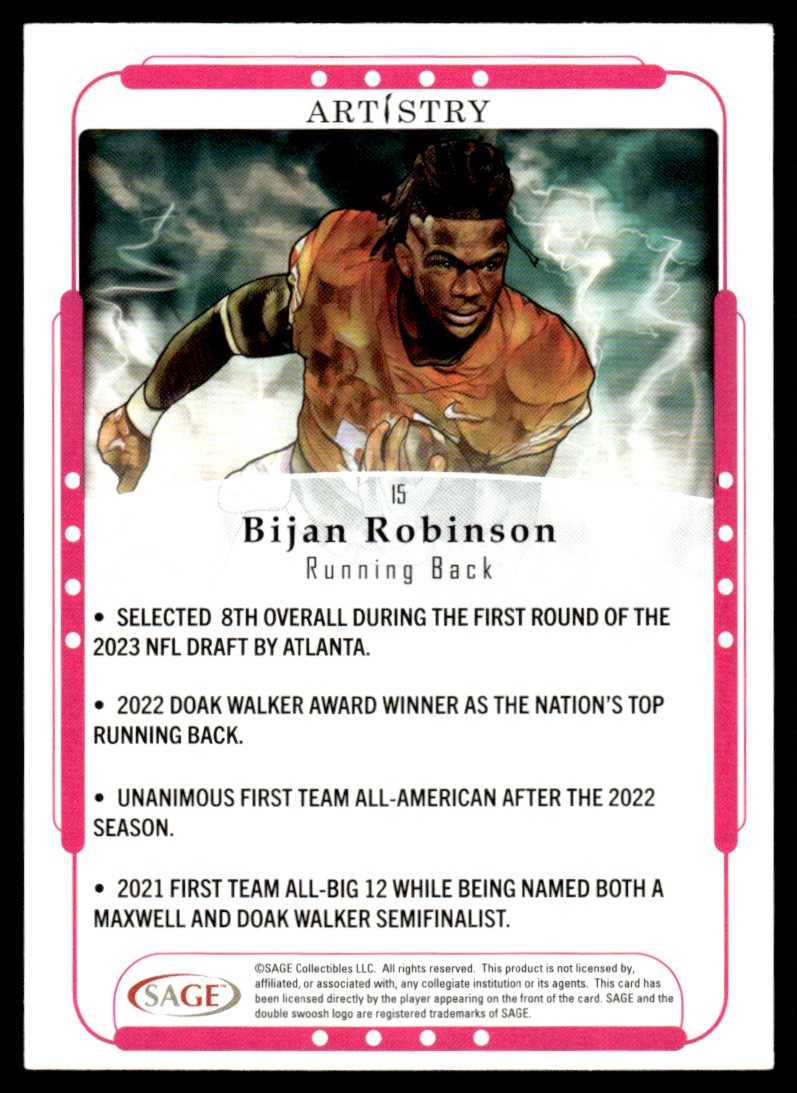 2023 SAGE Artistry Black Bijan Robinson #15 card back image