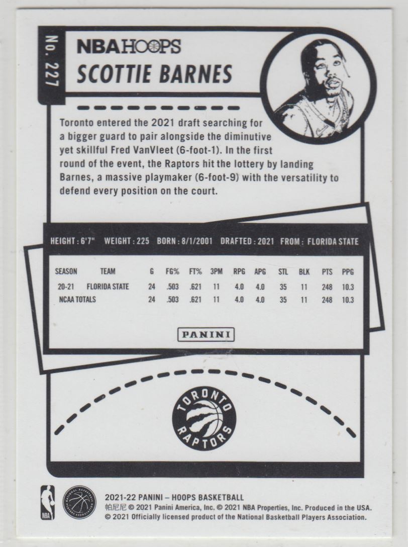 2021-22 Hoops Yellow Scottie Barnes #227 card back image
