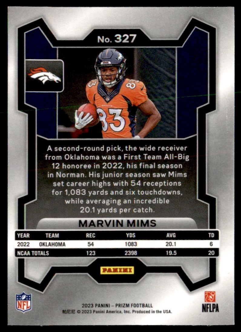 2023 Panini Prizm Rookie Marvin Mims #327 card back image