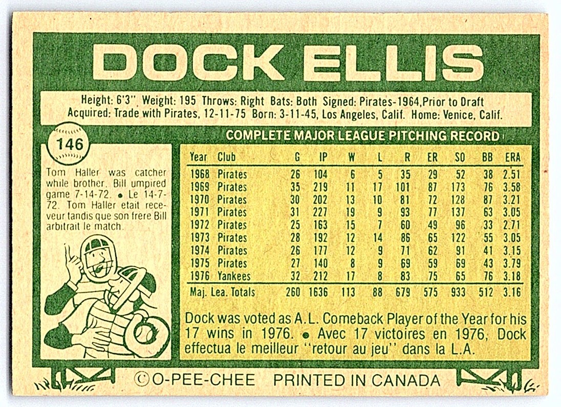 1977 O-Pee-Chee Dock Ellis #146 card back image