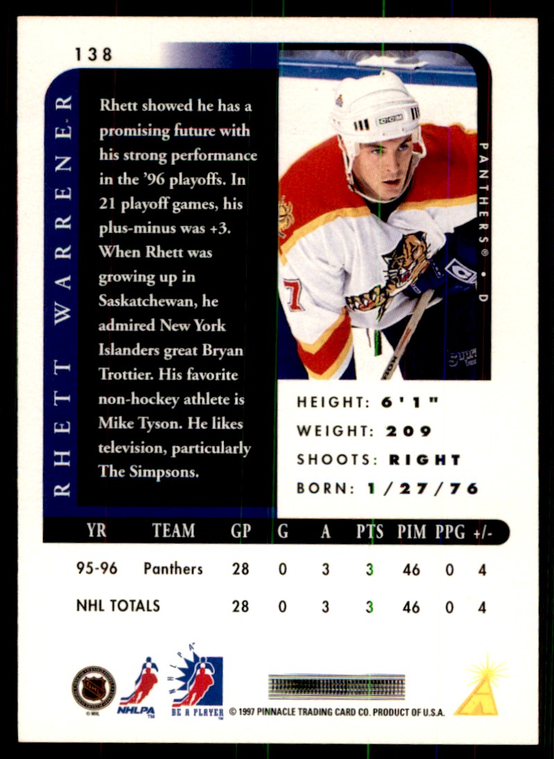 1996-97 Pinnacle Be a Player Autographs Rhett Warrener #138 card back image