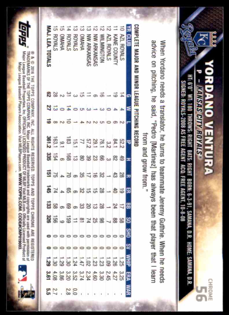 2016 Topps Chrome Yordano Ventura - Kansas City Royals #56 card back image