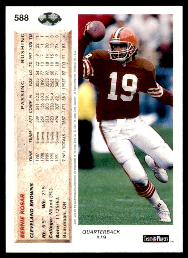 1992 Upper Deck Bernie Kosar #588 card back image