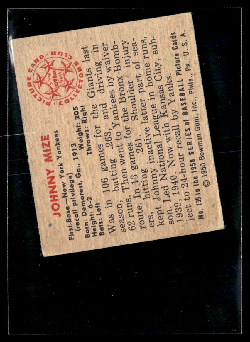 1950 Bowman Johnny Mize VG/EX Set Break #139 | eBay