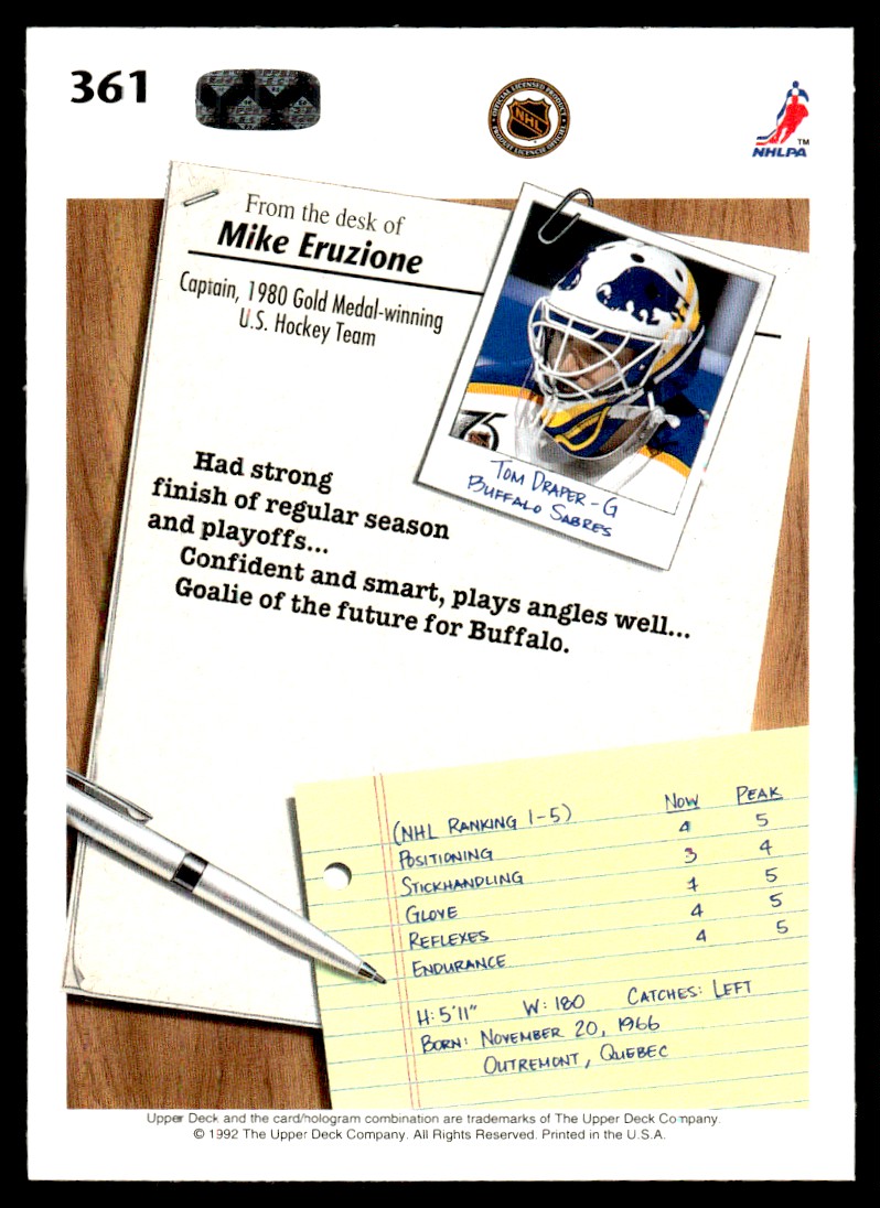 1992-93 Upper Deck Tom Draper #361 card back image