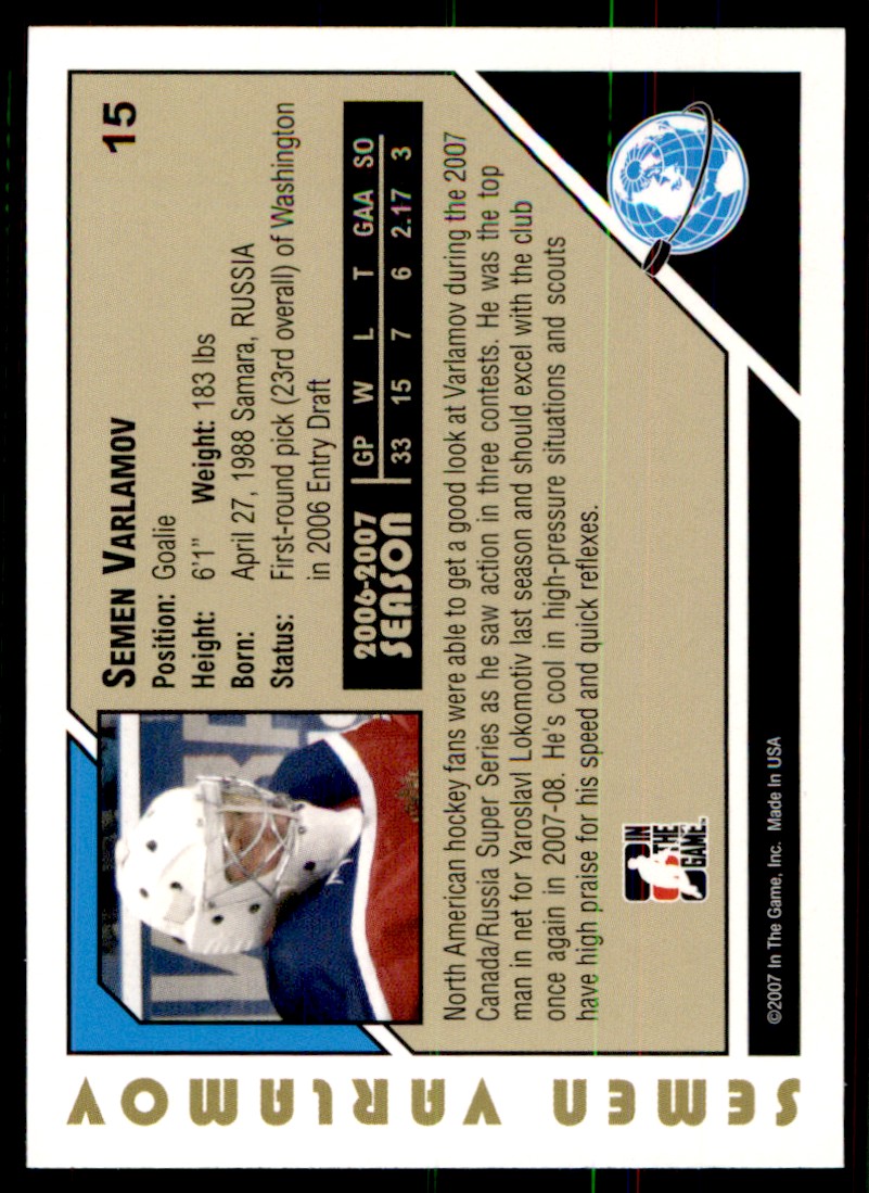 2007-08 In The Game Heroes and Prospects Semen Varlamov #15 card back image