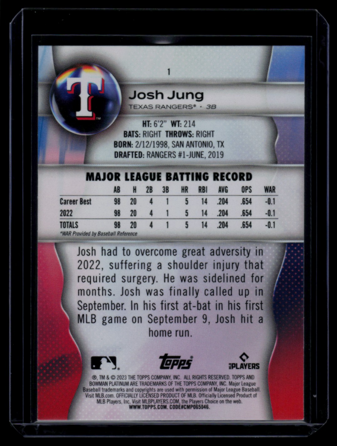 2023 Bowman Platinum Josh Jung #1 card back image