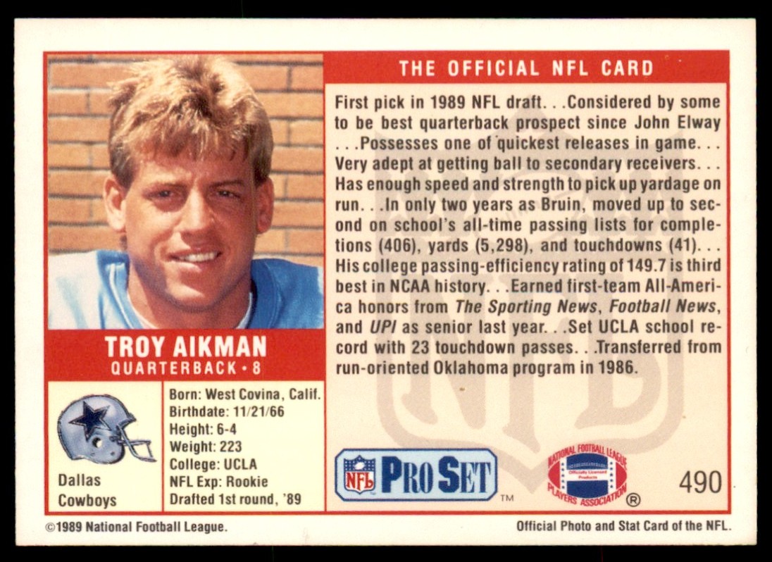 1989 Pro Set Troy Aikman #490 card back image