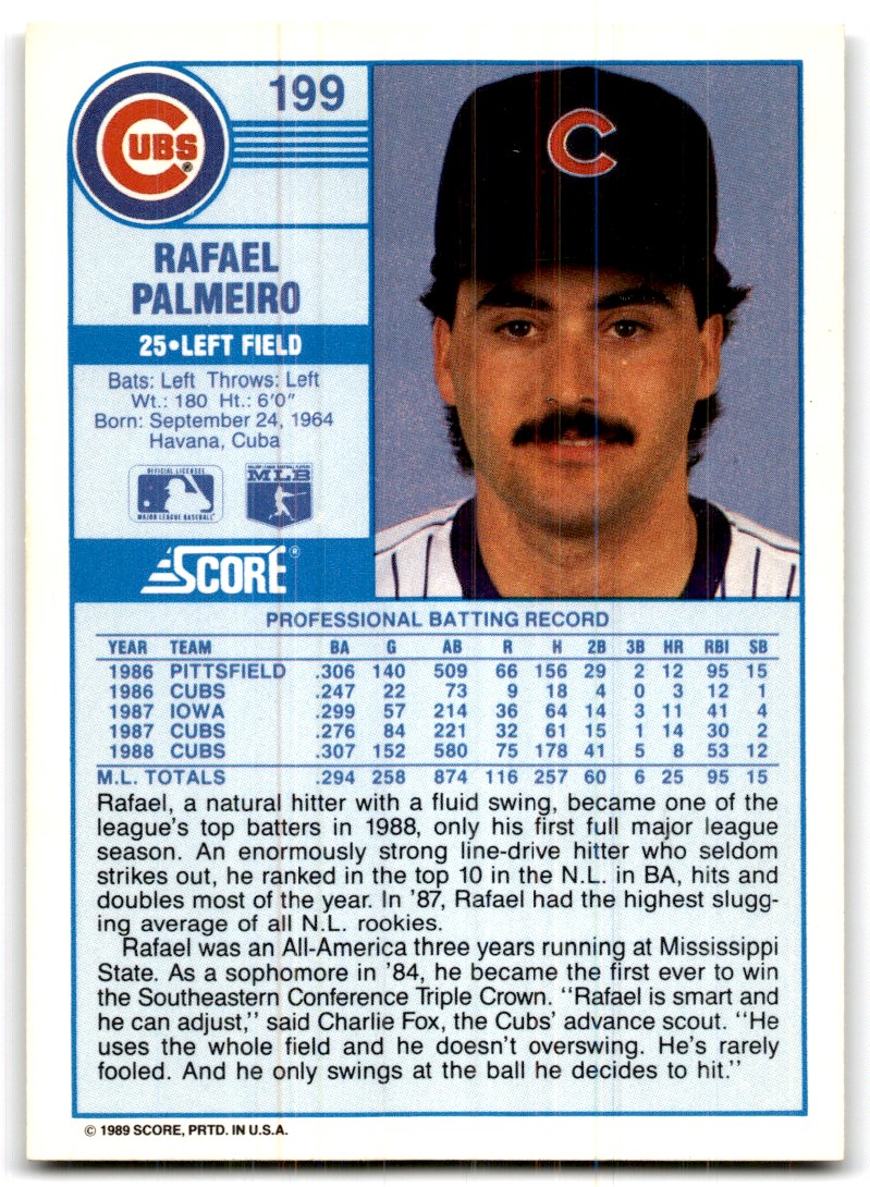 1989 Score Rafael Palmeiro 1b Chicago Cubs #199 | eBay