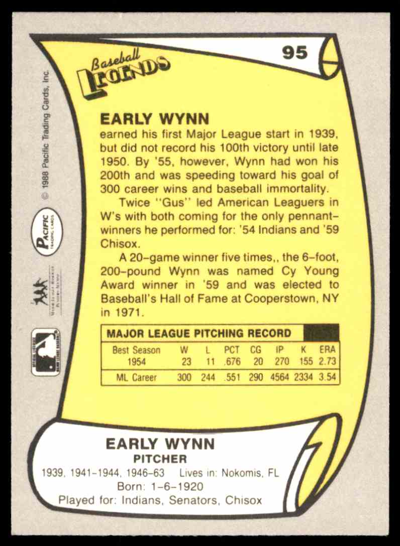 1988 Pacific Legends Early Wynn #95 card back image