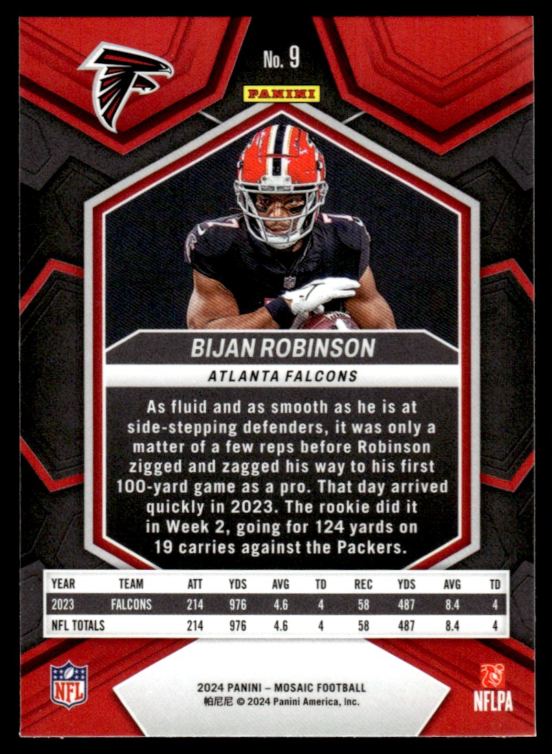 2024 Panini NFL Mosaic Bijan Robinson #9 card back image