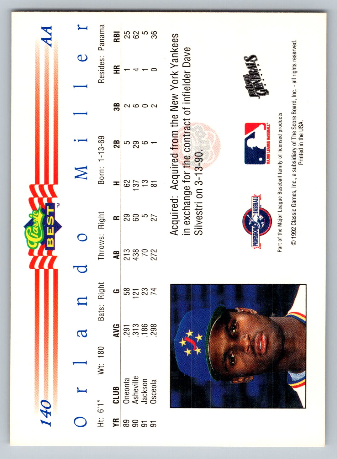 1992 Classic Best Orlando Miller #140 card back image
