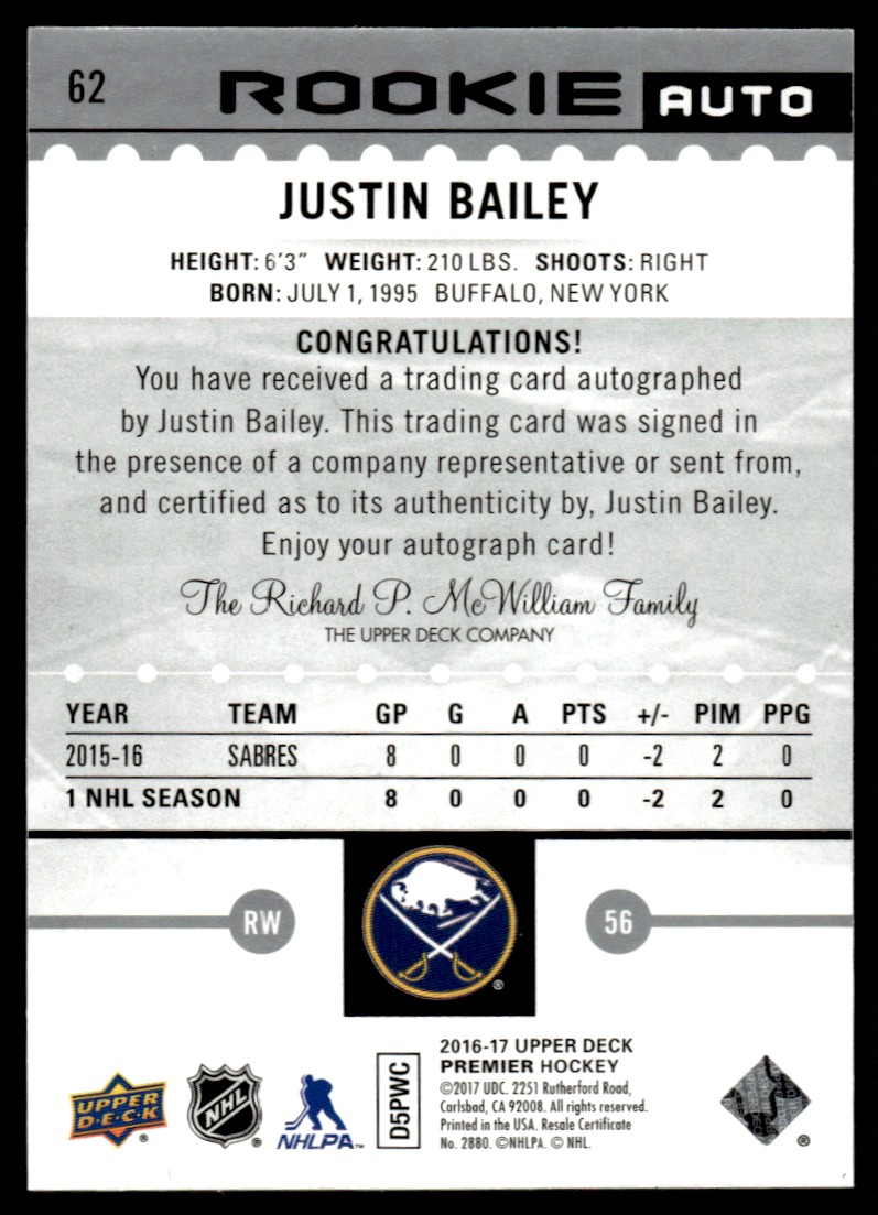 2016-17 Upper Deck Premier Rookie Autographs Justin Bailey #62 card back image