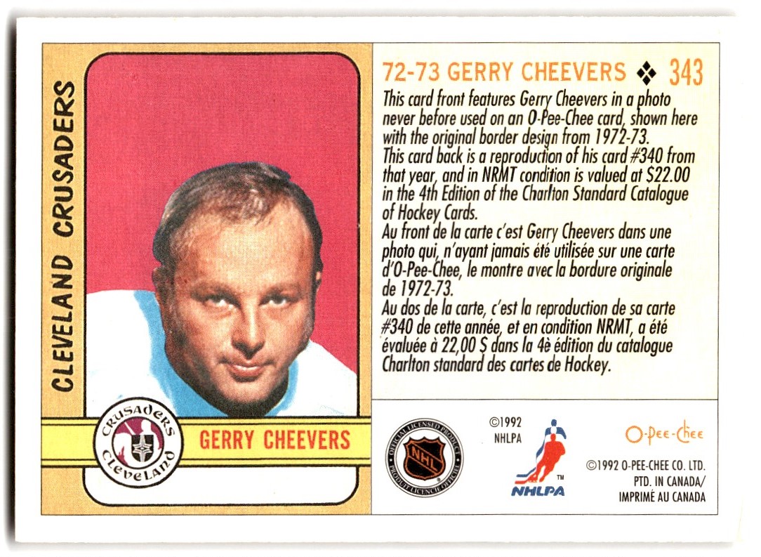 1992-93 O-Pee-Chee Rookie Reprint Gerry Cheevers #343 Cleveland