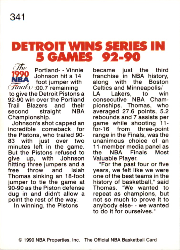 1990-91 NBA Hoops Tribune PISTONS WIN SECOND STRAIGHT NBA