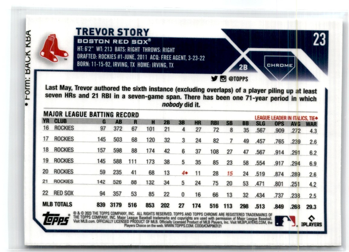 2023 Topps Chrome Trevor Story #23 card back image